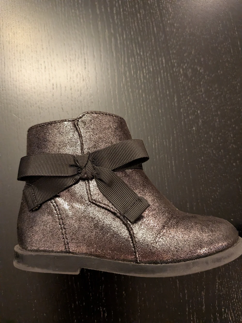 Metallic Black Girl's Ankle Boot with Side Bow